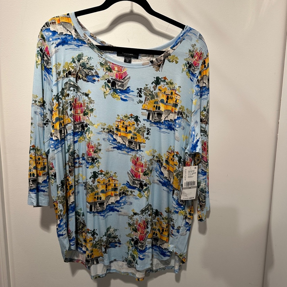 Karen Kane Scenic Print 3/4 Sleeve Top - Multicolor - NEW with Tags